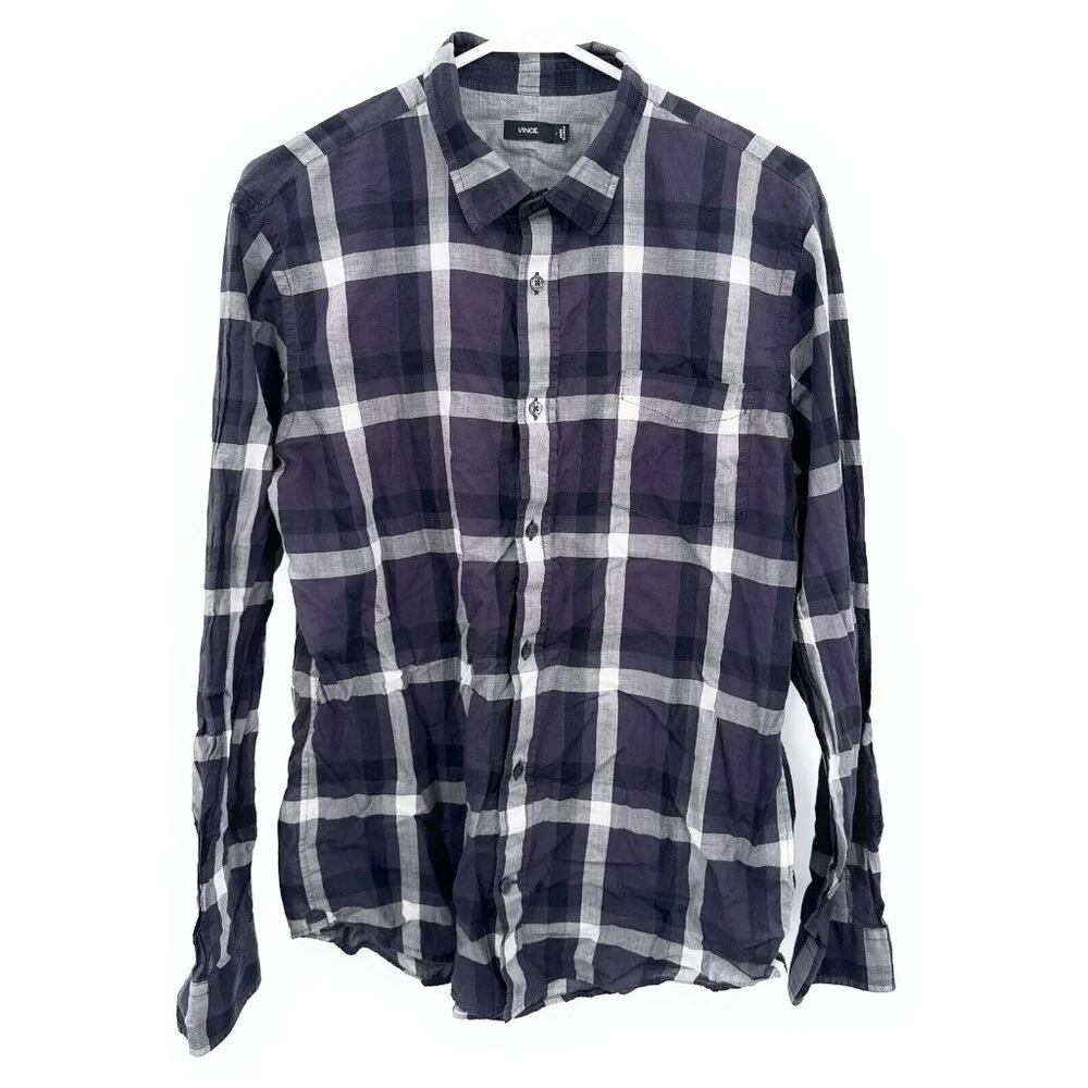 Vince Mens Large Plaid Shirt Purple Long Sleeve‎ Lightweight Sheer